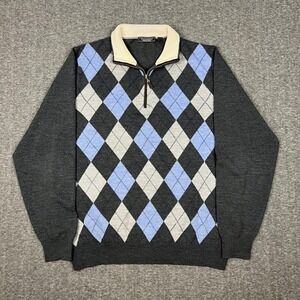 Williams & Kent Quarter-Zip Sweater Mens L Grey Argyle Merino Wool Good Snag